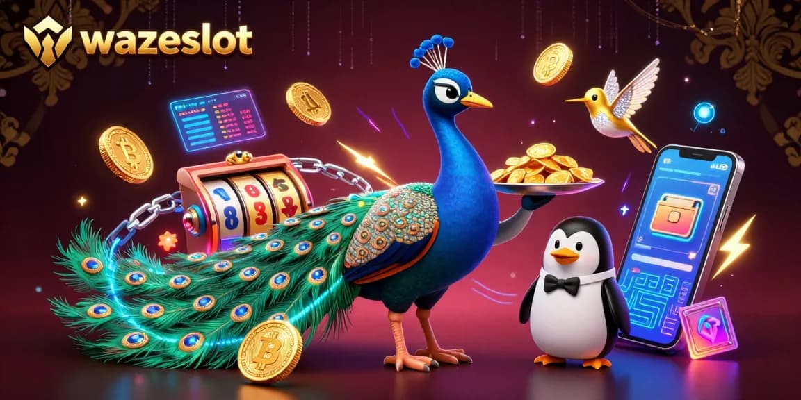 Engage with WAZESLOT's vibrant gaming universe featuring an aristocratic peacock and golden chips.