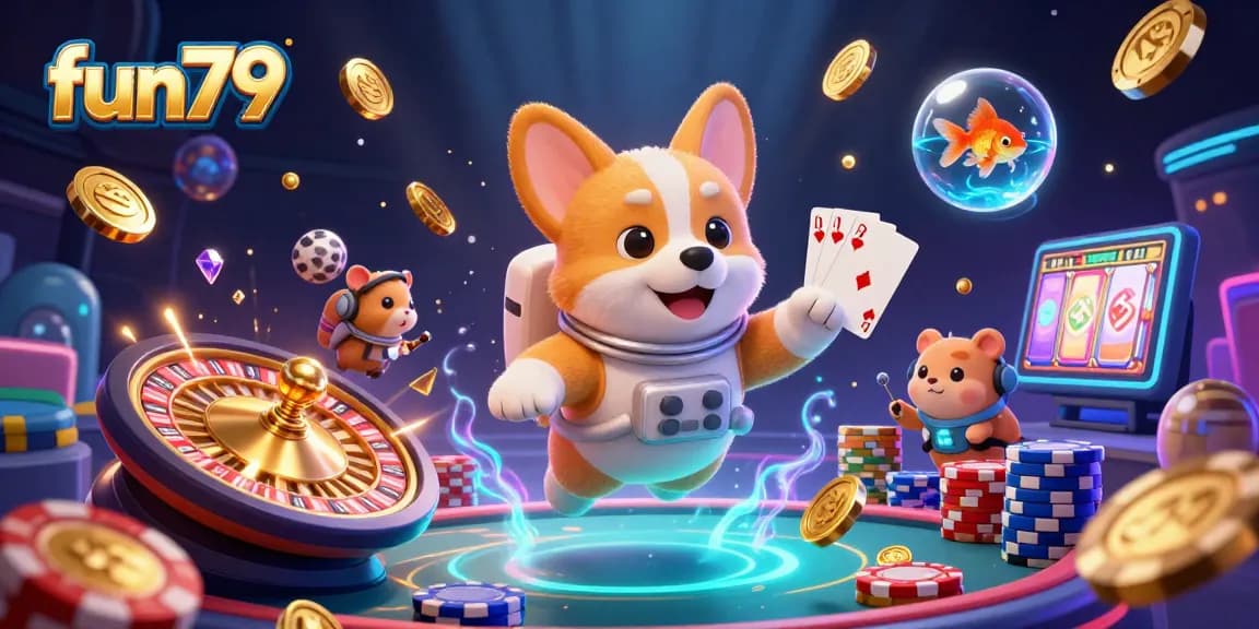 Experience the excitement at fun79 with a 3D scene of an astronaut corgi while games unfold in a thrilling casino.