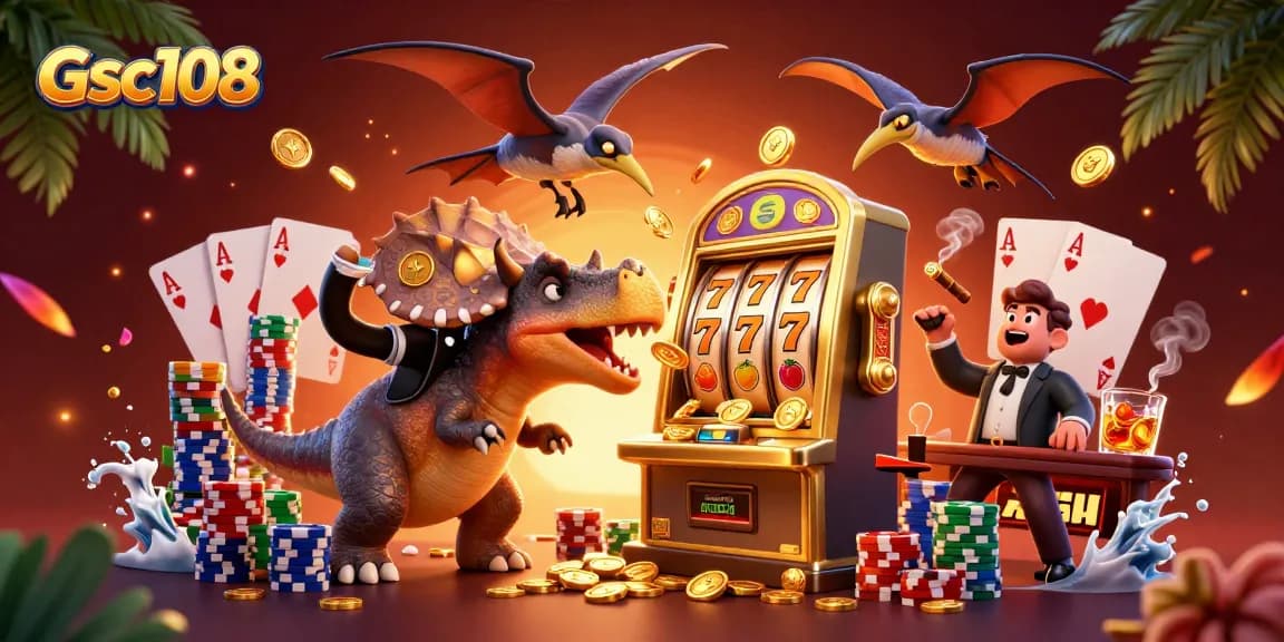 Gsc108 memimpin jackpot slot dengan dinosaurus 3D di kasino, menarik perhatian penonton.