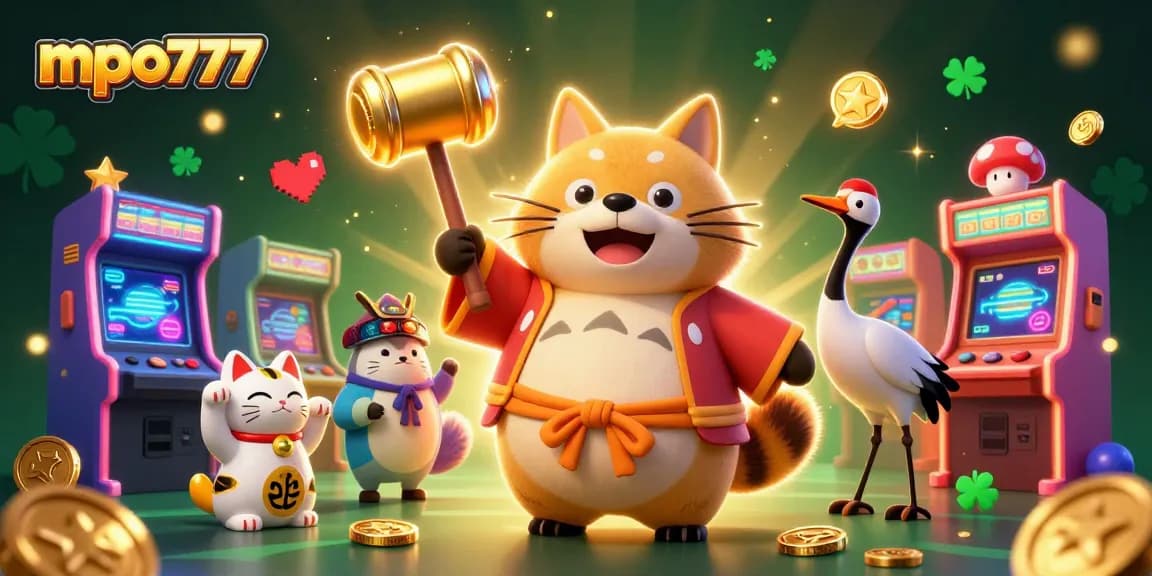 Mpo777 showcases energetic casino vibe with cheerful tanuki, vibrant arcade elements, and good fortune symbols.