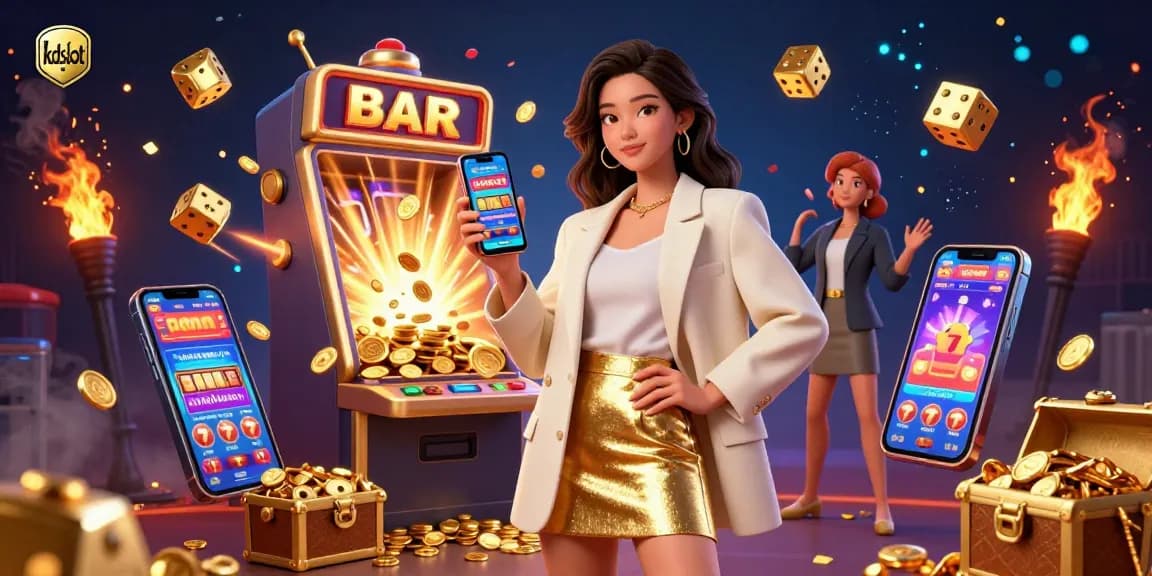 Kdslot promotion showcasing a friendly Asian woman with a sports betting app amid vibrant casino scenes filled with jackpots and game elements.