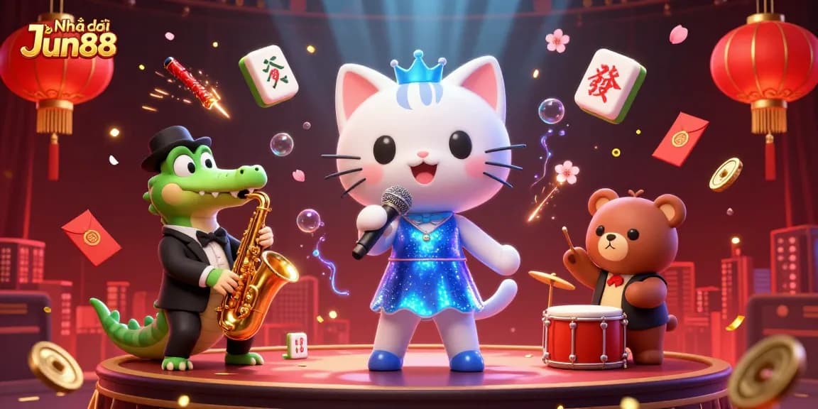 Experience the excitement of Nhà cái Jun88 with a vibrant 3D casino scene featuring animated characters and dynamic elements.