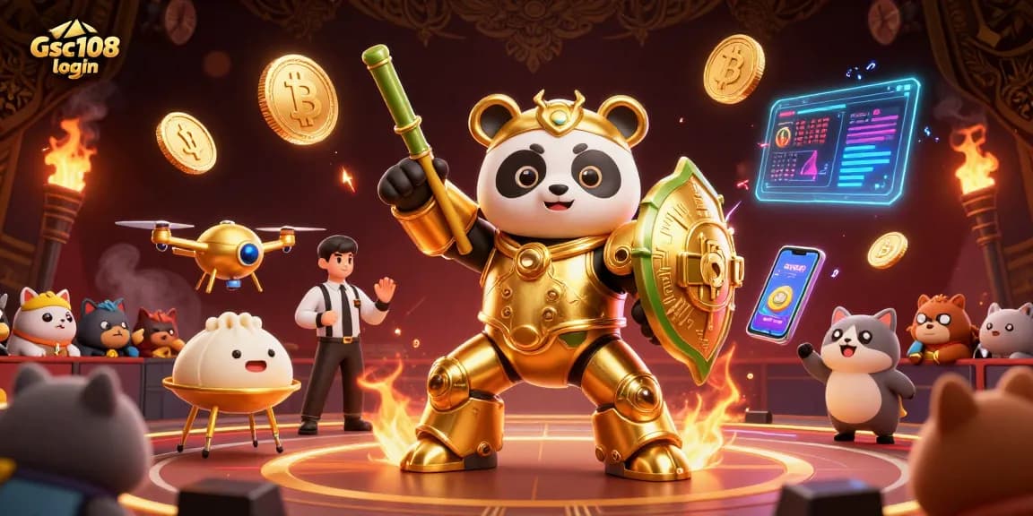 Play exciting games with Gsc108 login featuring gold panda and crypto coins in a vibrant casino