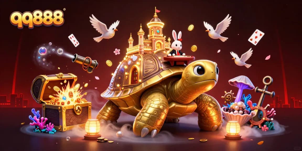 Experience the thrilling world of qq888 with a vibrant 3D casino scene, featuring a golden tortoise and a rabbit dealer.