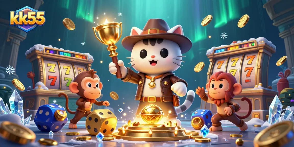 Win jackpots with kk55's 3D slot adventure scene featuring unique casino elements.