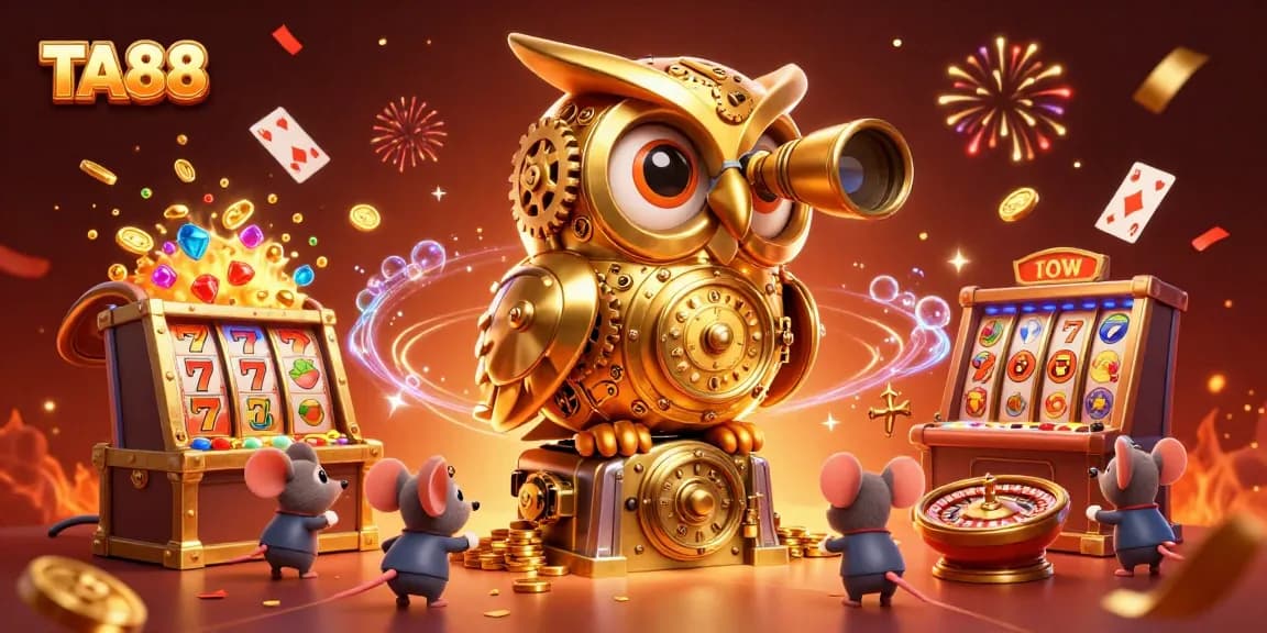 TA88 offers exciting gameplay with golden owl character amidst vibrant casino elements.