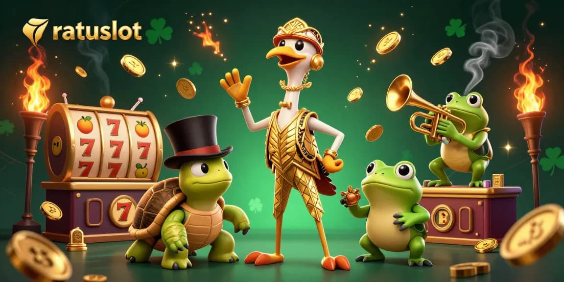 Engage in thrilling gaming with ratuslot's vibrant 3D illustration showcasing lively casino elements.