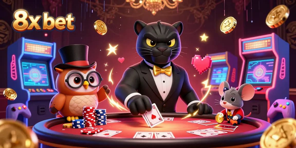 Engage in thrilling plays at 8x bet with a stylish panther, owl, and lucky mouse, all at the poker table.