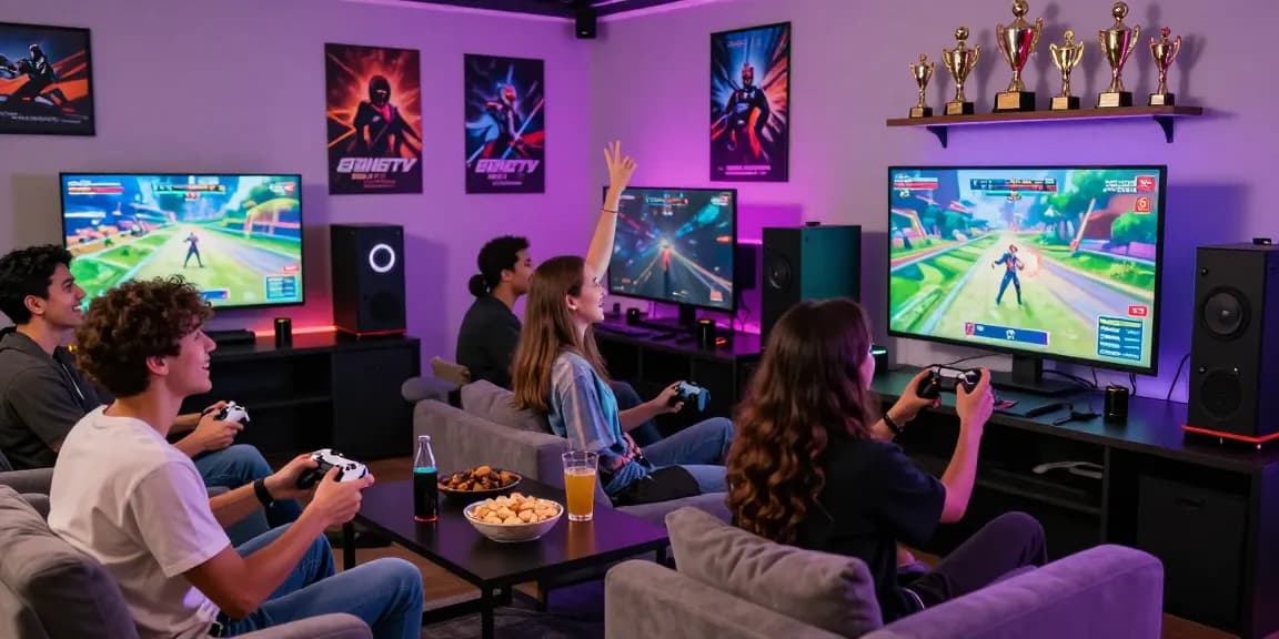Friends enjoying sunwin gaming session with controllers in modern lounge.