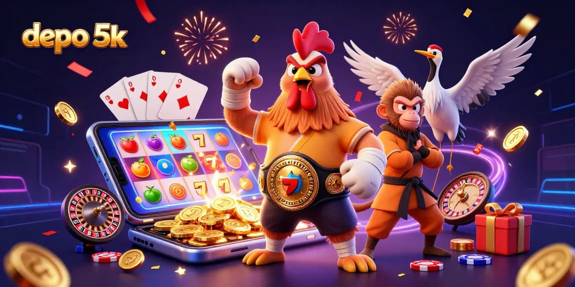 Engage in the thrilling action of depo 5k with vibrant casino elements and dynamic characters.
