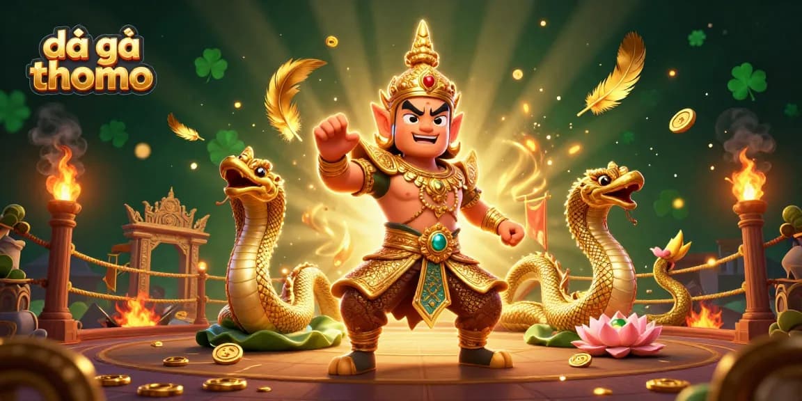 Watch đá gà thomo at a vibrant fighting arena with golden hues and dynamic energy.
