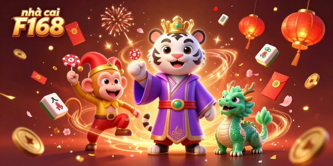Experience excitement at nhà cái F168 with a vibrant casino scene featuring a majestic tiger, playful monkey, and magical dragon.