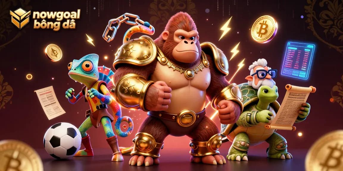 Betting on football scores with nowgoal bóng đá featuring a gorilla king, chameleon, and tortoise in vibrant art.