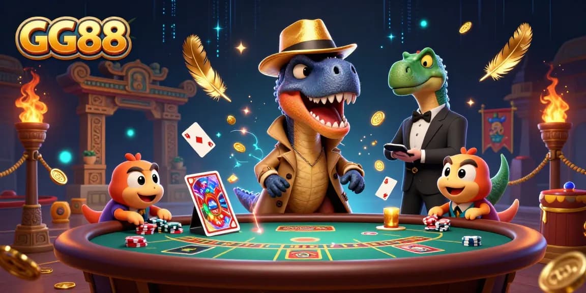 Engaging GG88 casino scene with a velociraptor at blackjack, surrounded by colorful gaming elements.