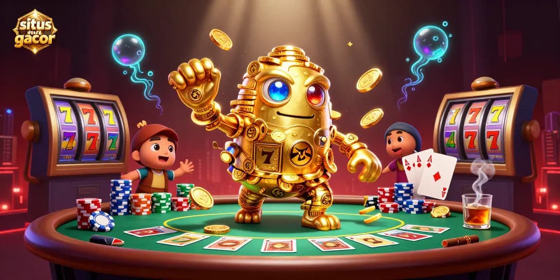 Experience the excitement of situs slot gacor with a captivating 3D illustration featuring a golden golem and poker elements.