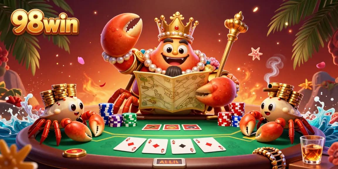 Experience the thrilling world of 98win casino gaming with a cartoon crab emperor and vibrant poker scene.