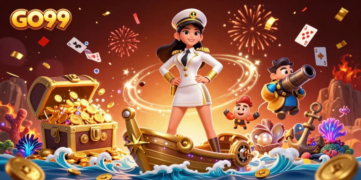 Play thrilling games at GO99 with a vibrant 3D casino scene of treasure and excitement.