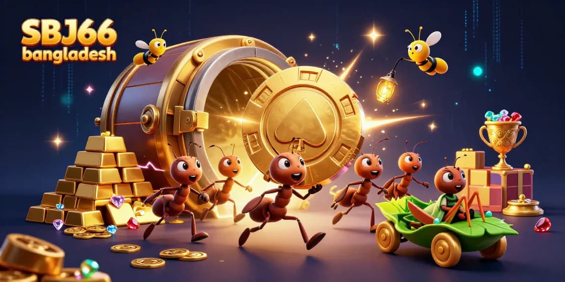 Ants carrying a huge poker chip in SBJ66 bangladesh with spectacles of treasure and glowing gems.