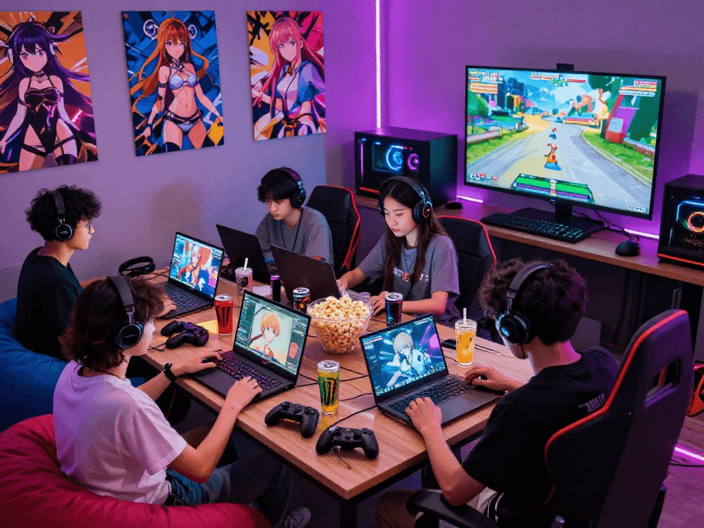 Friends enjoying vibrant hentai games in a lively gaming lounge.