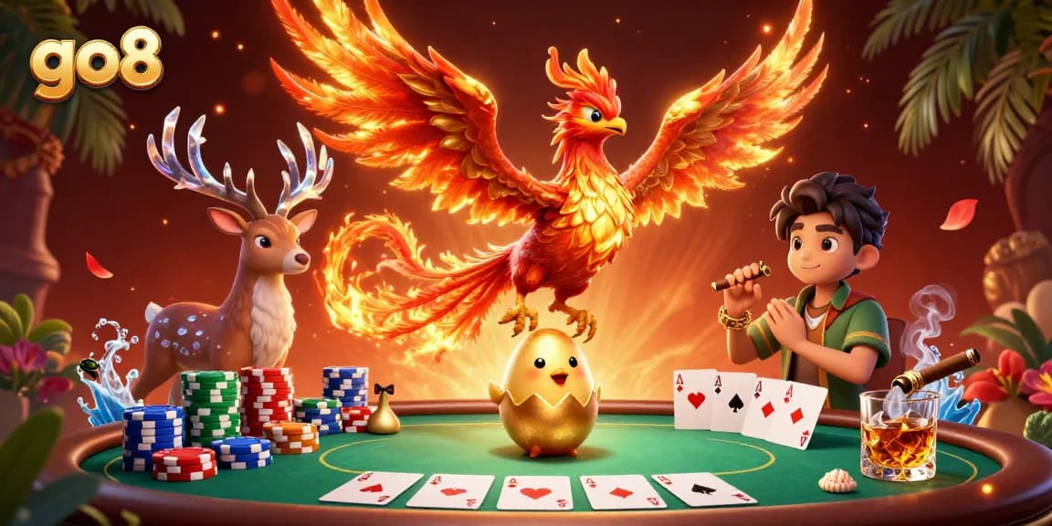 Experience go8's thrilling casino ambiance with a fiery phoenix and poker scene.