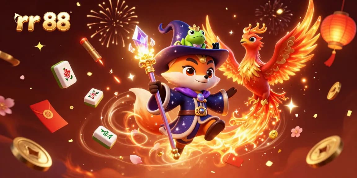 Experience gaming magic with rr 88, featuring a wizard fox, phoenix, and floating casino elements.