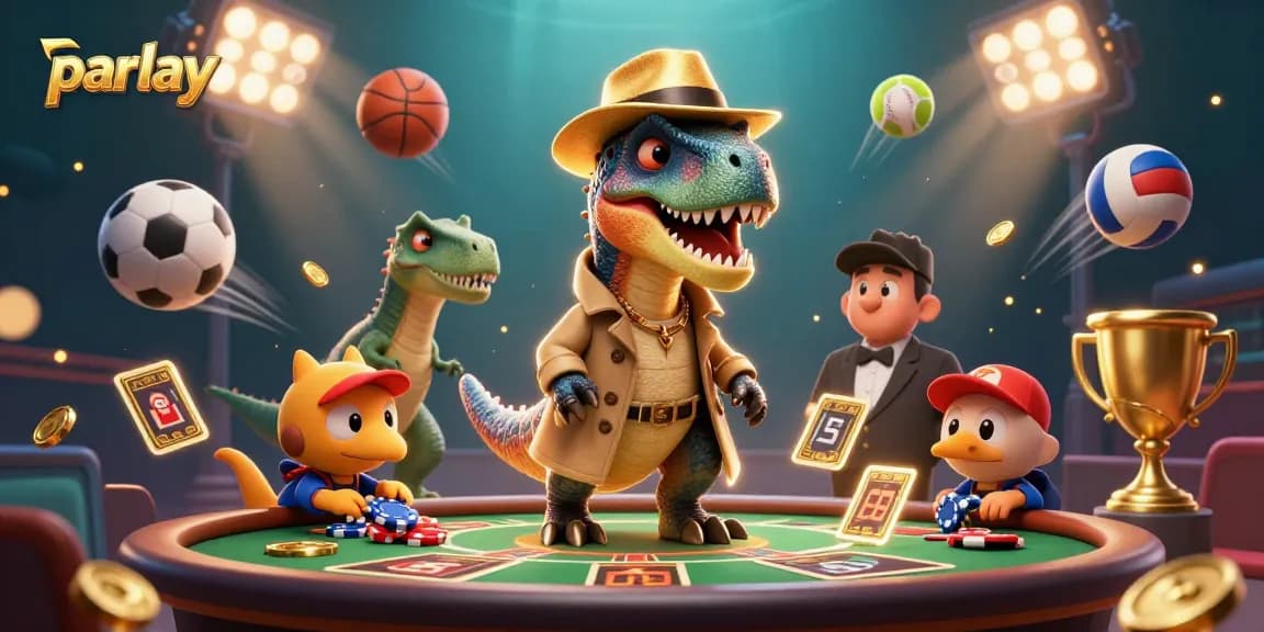 Engaging parlay betting scene with cartoon dinosaurs at a sports table focused on strategy and excitement.