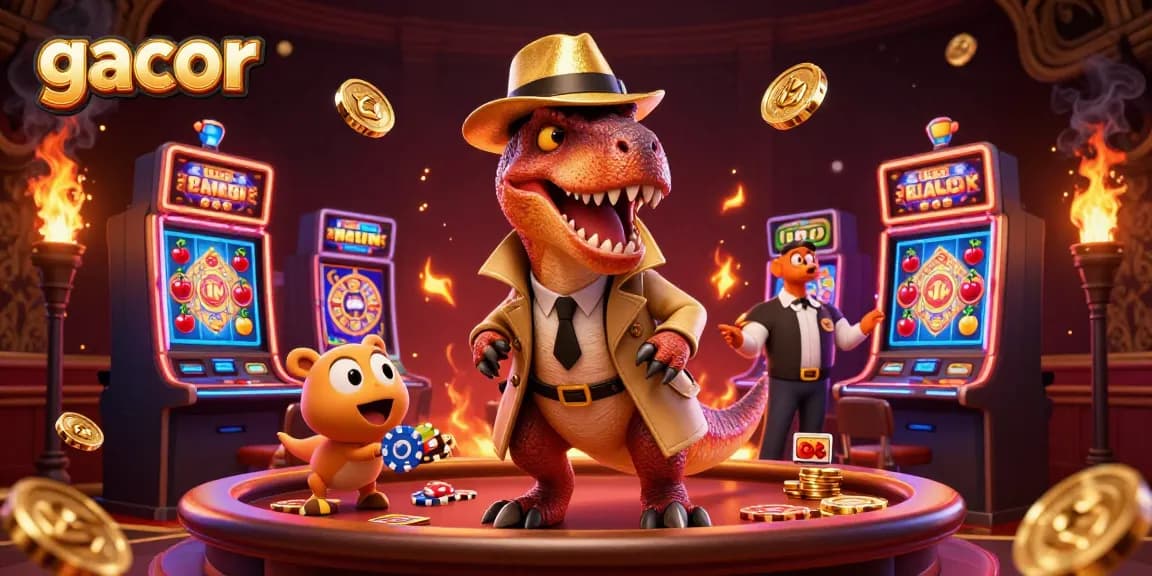 Experience the thrill of gacor slots with a colorful casino scene featuring a sneaky velociraptor at the slot machine.