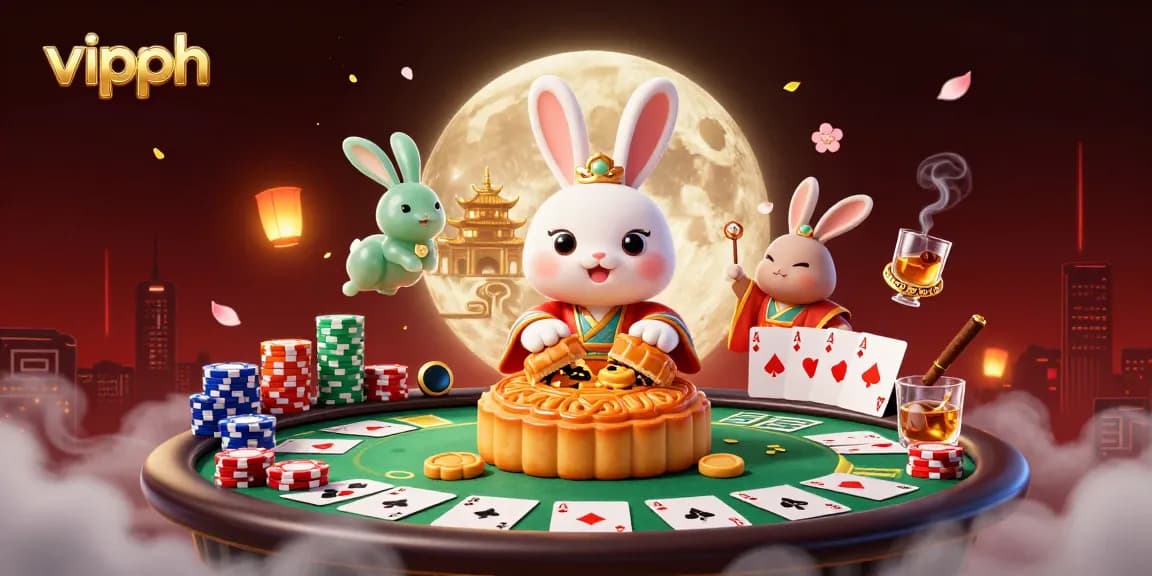Experience VIPPH's vibrant casino world with a moon rabbit and jade companion in a festive gambling scene.