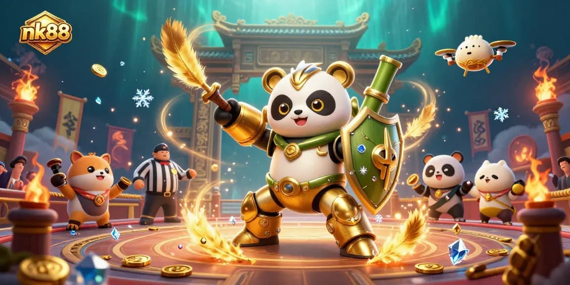 Engage with nk88 in this vibrant 3D casino scene featuring a mech-suit panda battling in an exciting arena.