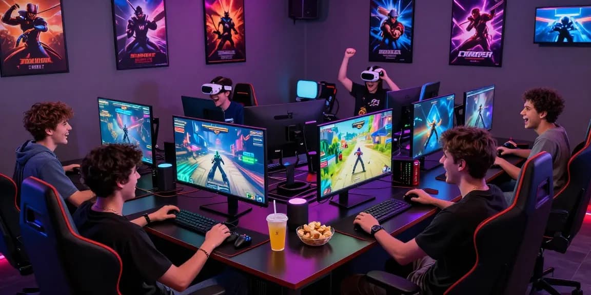 Friends enjoying games at a hit club in a vibrant gaming lounge