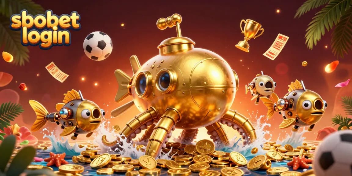 Experience sbobet login with a dynamic 3D illustration of a kraken submarine amid sports betting excitement.