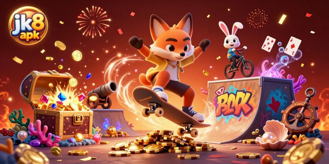 Experience gaming excitement with the vibrant jk8 apk featuring cartoon fox and rabbit in a lively casino scene.
