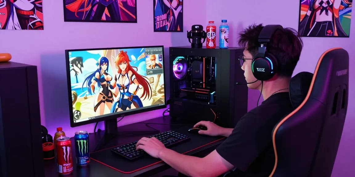Engaging gamer playing hentai games with vibrant graphics in a cozy gaming nook
