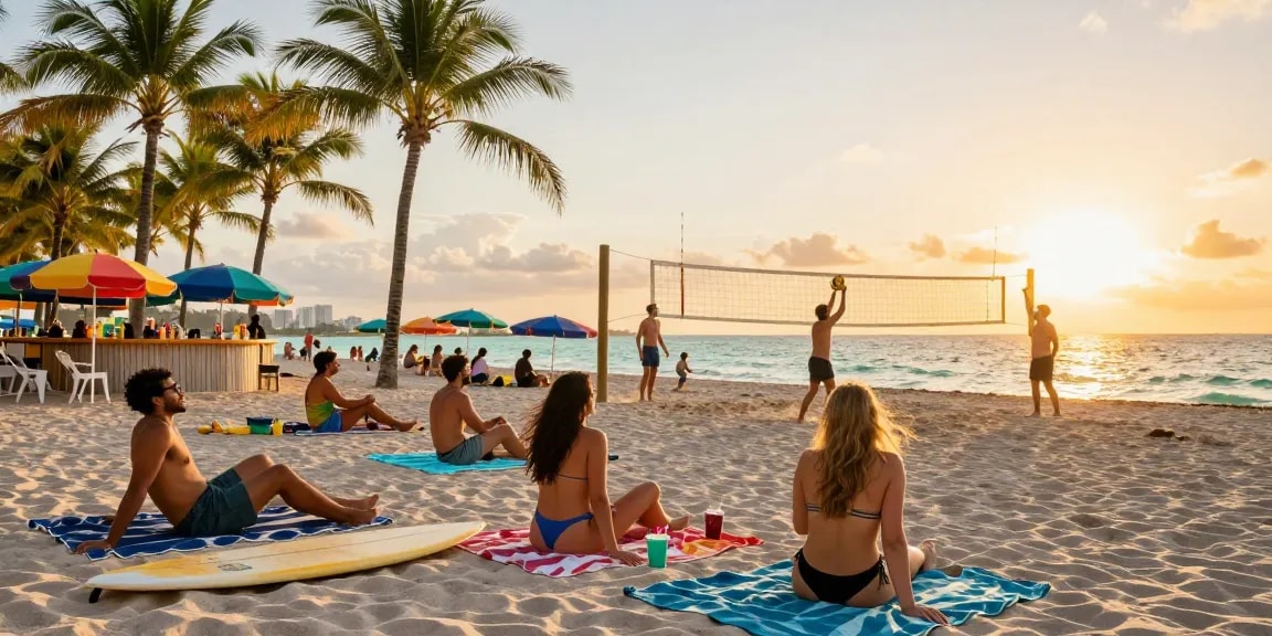 Pemandangan pantai di https://miami4d.com/ dengan pengunjung menikmati sinar matahari dan suasana ceria.