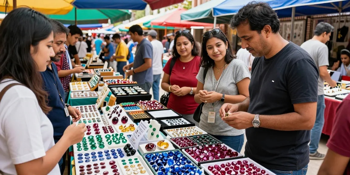 Explore stunning gems at https://www.mygemspot.com in a lively marketplace with vibrant colored stones and engaging merchants.