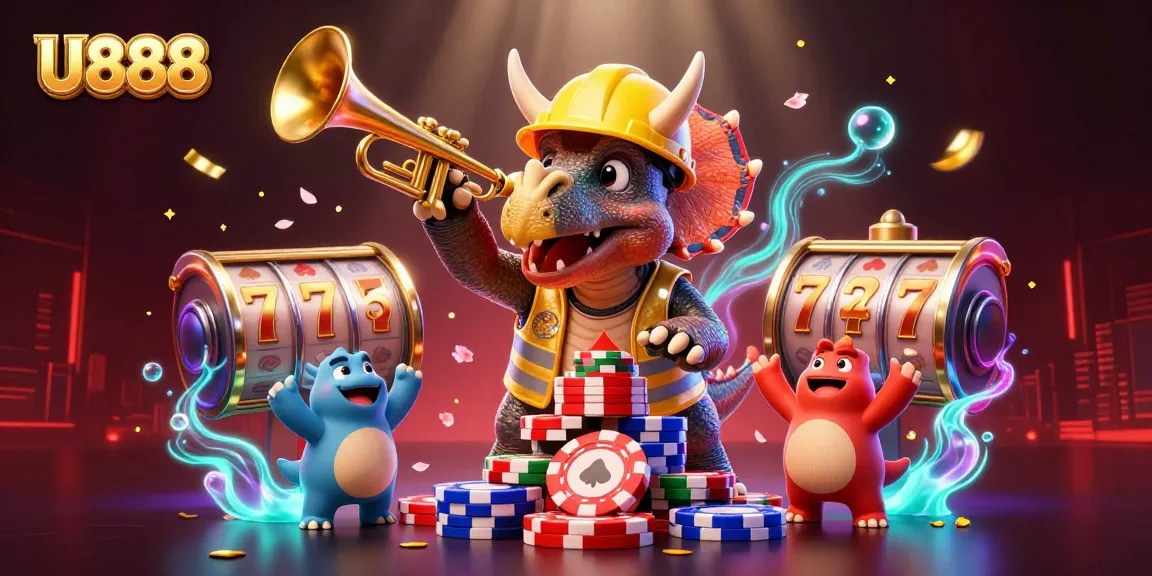 Engage with U888 casino excitement as dinosaurs celebrate big wins surrounded by spinning slot reels.