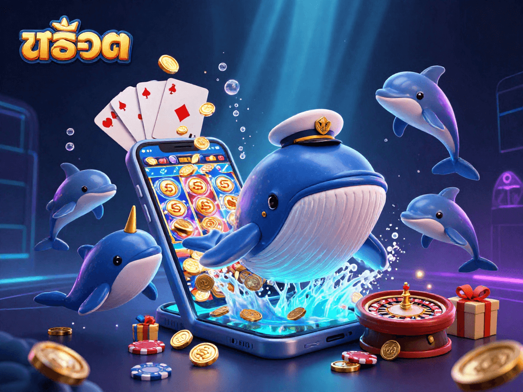 Experience the vibrant scene of สล็อต with a cartoon whale, narwhal, and dancing dolphins, surrounded by colorful gambling elements and treasures.