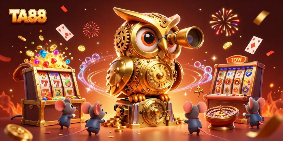 TA88 offers exciting gameplay with golden owl character amidst vibrant casino elements.