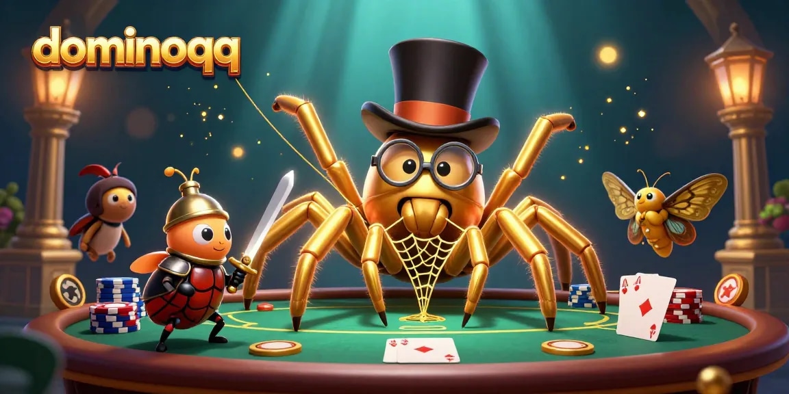 Experience the excitement of dominoqq with a vibrant poker-themed 3D scene featuring unique characters and dynamic elements.