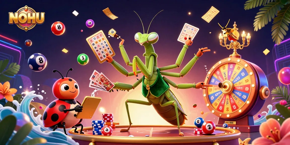 NOHU casino adventure with a giant mantis card sharp, ladybug pit boss, and vibrant gaming elements.