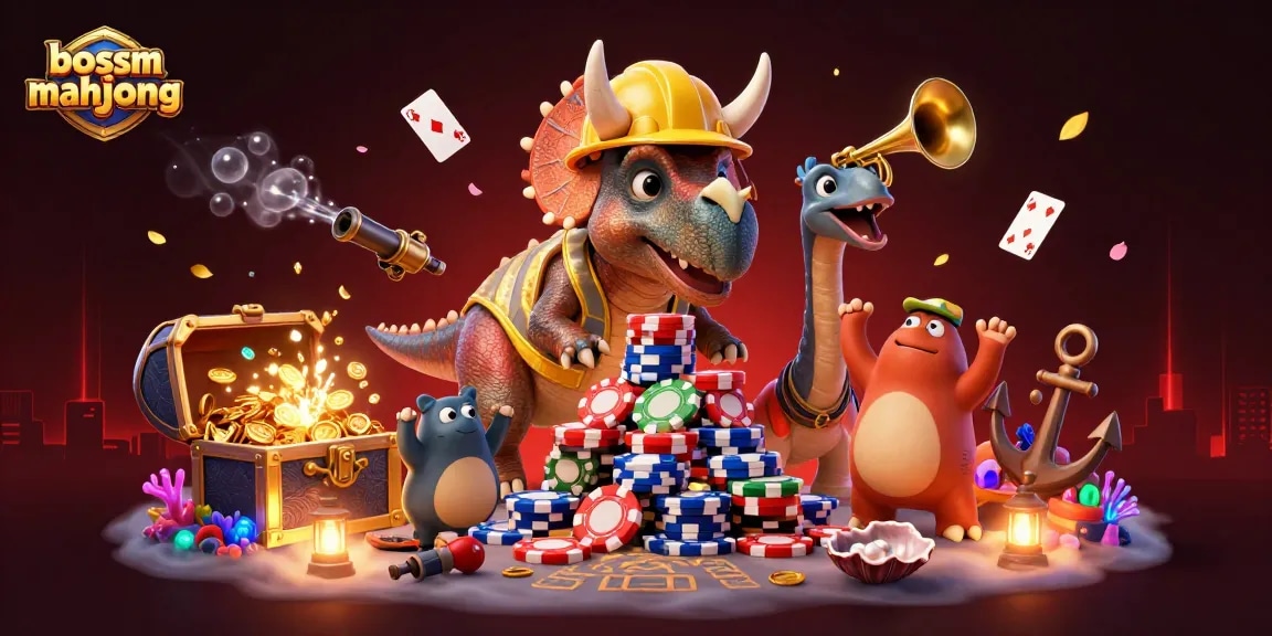 Menguji kekuatan bossmahjong dengan triceratops membangun chips poker di latar kasino yang meriah.