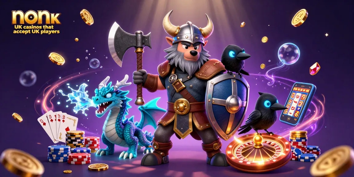 Explore non UK casinos that accept UK players featuring a Viking wolf warrior, dragon, and raven amidst casino elements.