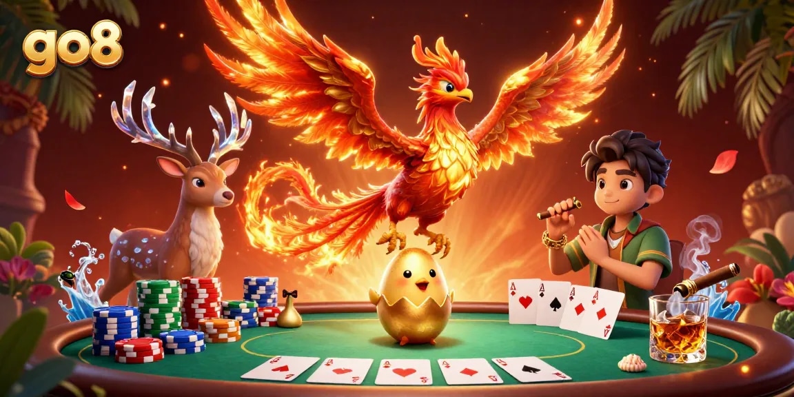 Experience go8's thrilling casino ambiance with a fiery phoenix and poker scene.