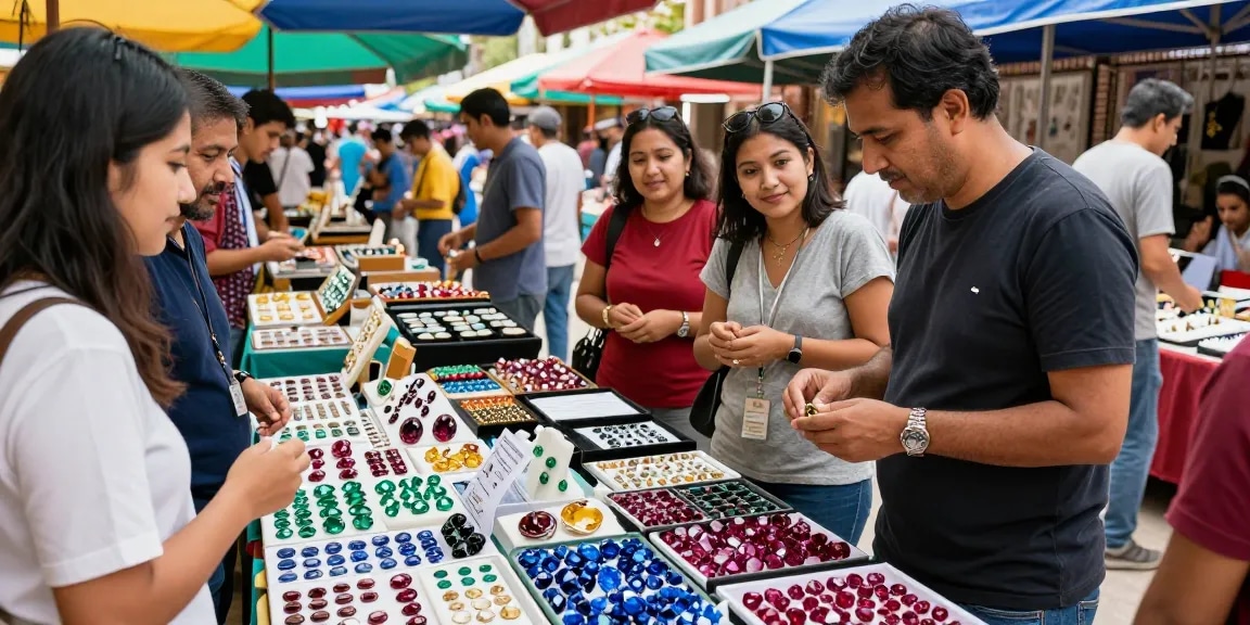 Explore stunning gems at https://www.mygemspot.com in a lively marketplace with vibrant colored stones and engaging merchants.