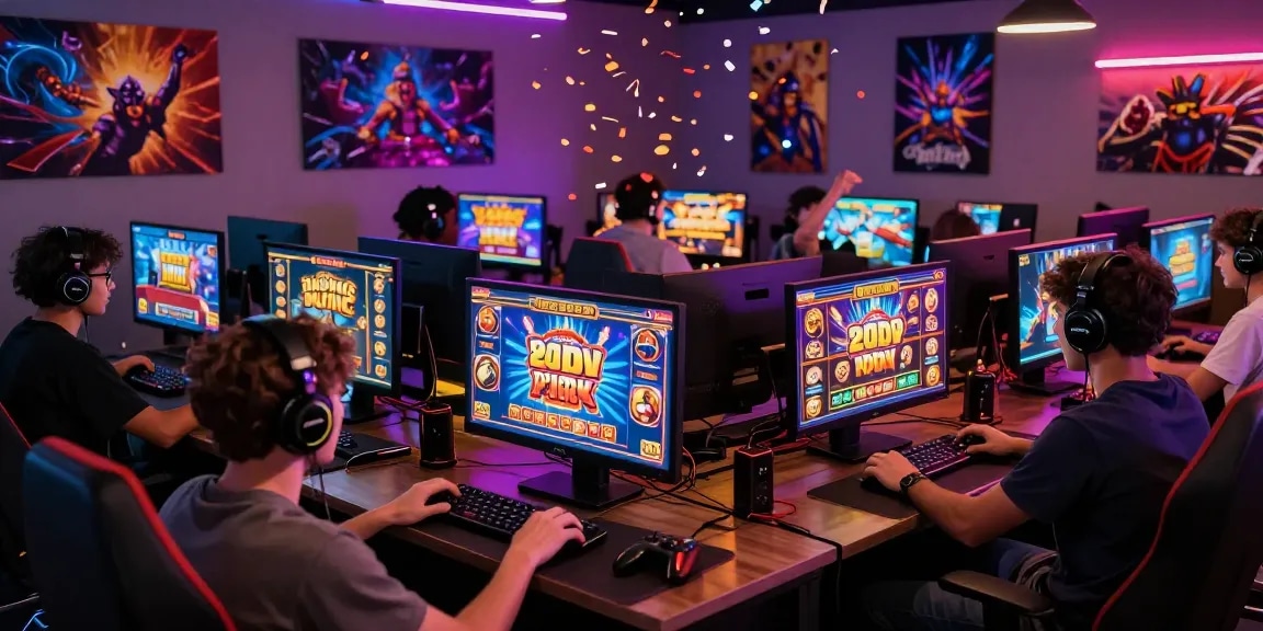 Pengalaman bermain situs slot gacor dengan pemain merayakan kemenangan jackpot, suasana ceria dan peralatan gaming modern.