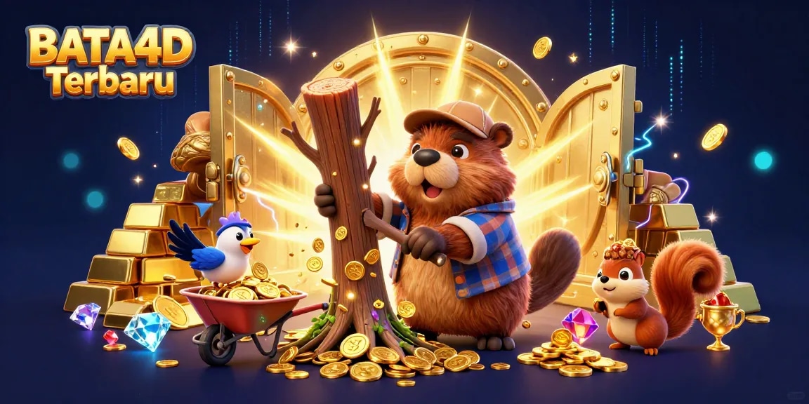 BATA4D Terbaru, bermain seru dengan beaver pemahat pohon yang menurunkan koin emas di tengah suasana kasino digital.