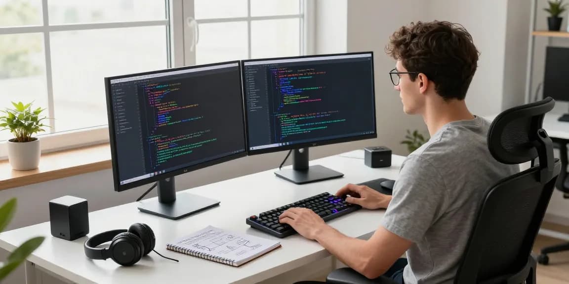 AI chatbot developer coding on dual monitors in a modern workspace.