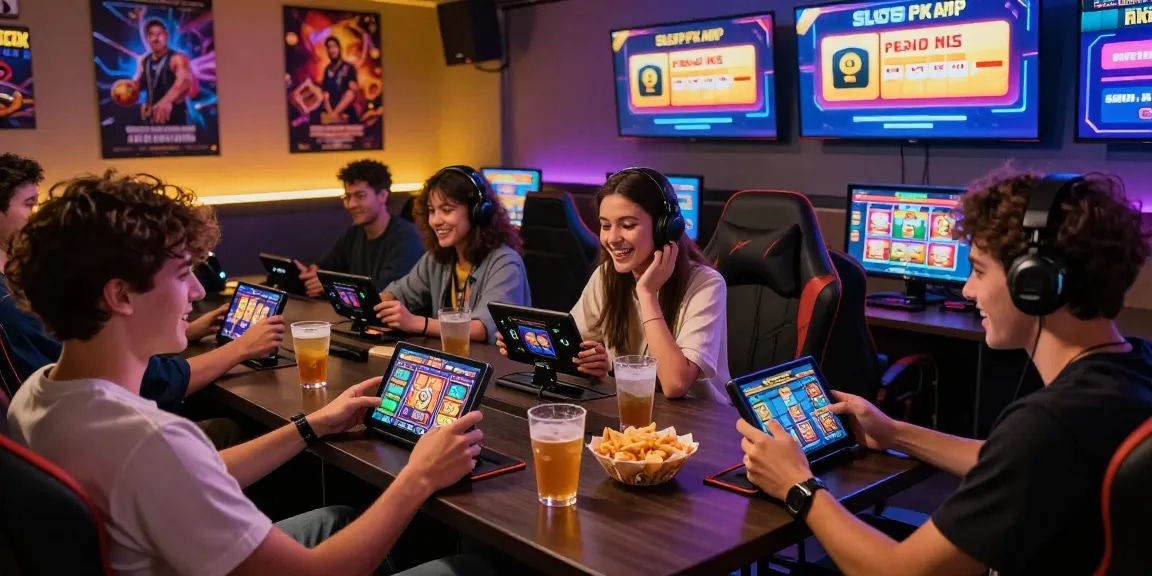 Engaged friends playing the Slots PK APK app at a vibrant gaming lounge, showcasing https://slotspk.com.pk/ features and excitement.