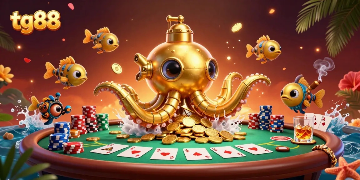 Engage in thrilling games at tg88 with a vibrant underwater casino scene featuring poker elements.