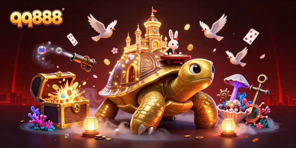 Experience the thrilling world of qq888 with a vibrant 3D casino scene, featuring a golden tortoise and a rabbit dealer.